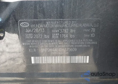 2013 Hyundai Elantra Gls z USA, uszkodzony, nr VIN 5NPDH4AE1DH375609